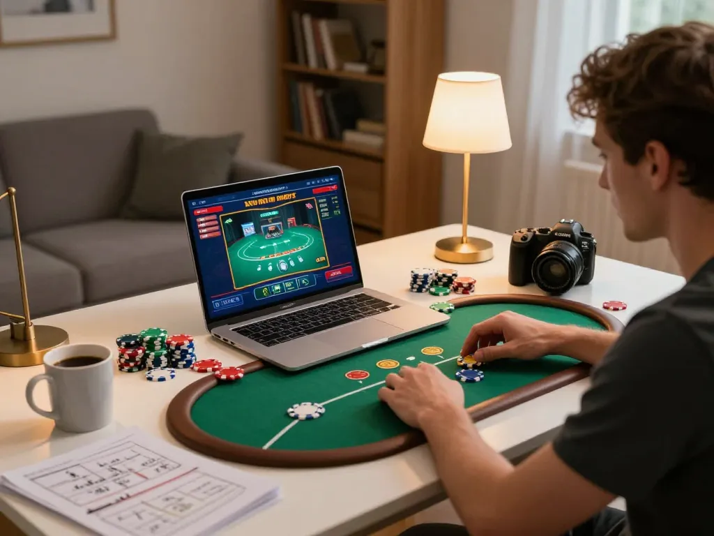 Player strategizing in online poker game on laptop with tr 88 branding and gaming accessories.