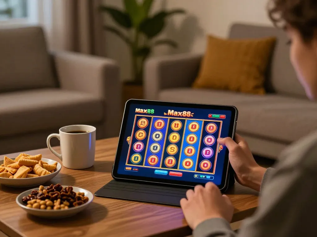 Enjoying gambling at home with Max88 slots on a tablet in a cozy living space