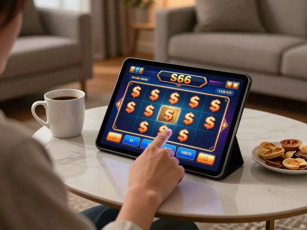 S666 online casino player engaging with vibrant gaming interface on tablet in modern living room