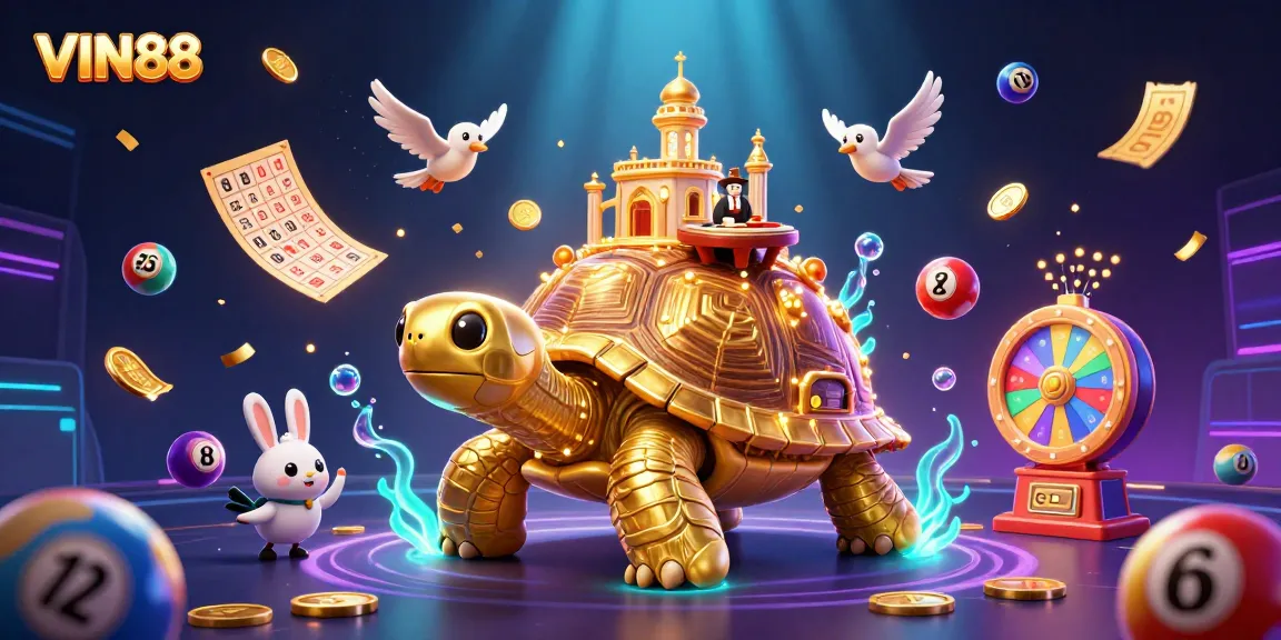 Experience the vibrant world of VIN88 with a golden tortoise casino and a lively rabbit dealer.
