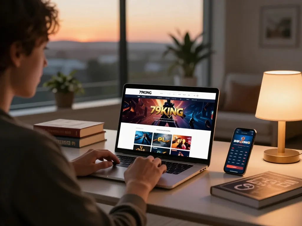 Engaging online gaming scene with a user accessing 79KING on a laptop, showcasing poker strategies.
