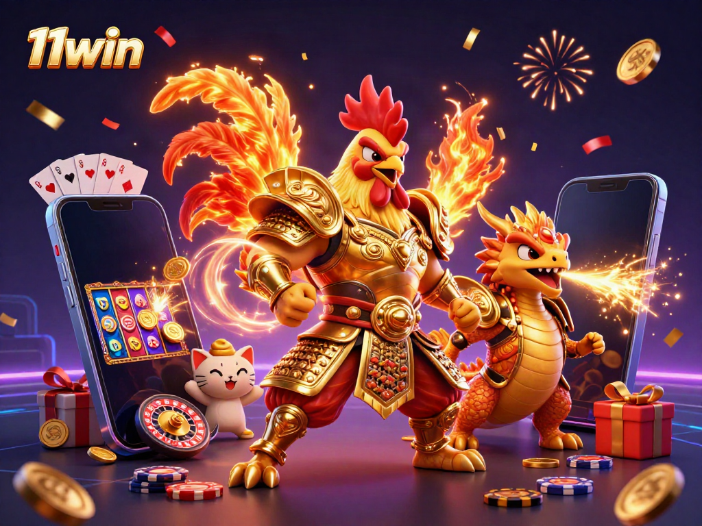 Engage with 11win's thrilling gaming atmosphere featuring vibrant characters and dynamic casino elements.
