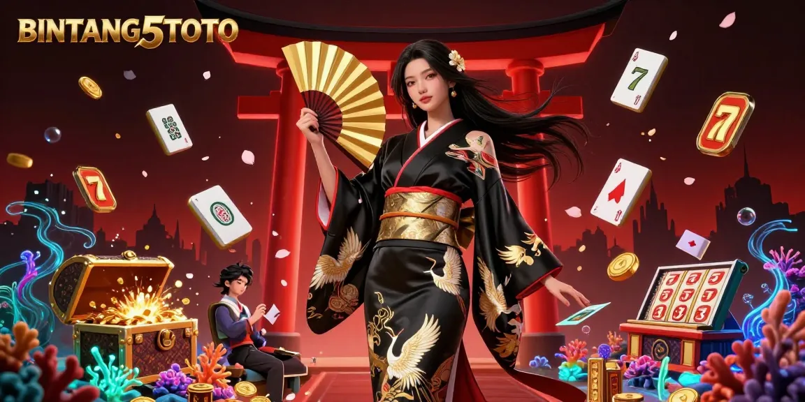 BINTANG5TOTO presents an exciting digital illustration showcasing a casino scene with a graceful Asian woman, slot reels, and vibrant treasures.