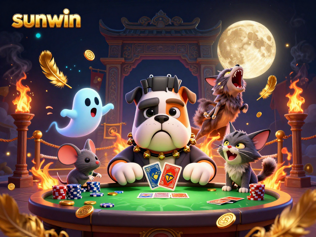 sunwin cards dealt by a Frankenstein bulldog monster at a spooky casino table with dynamic effects