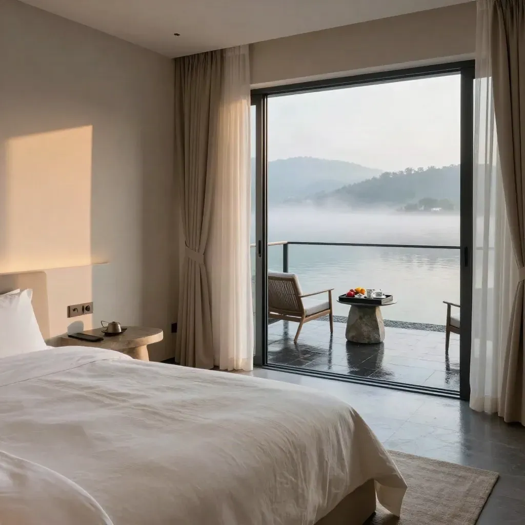 Göl manzaralı delüks odada açık balkon, büyük yatak ve kahvaltı tepsisiyle şafak ışığı.