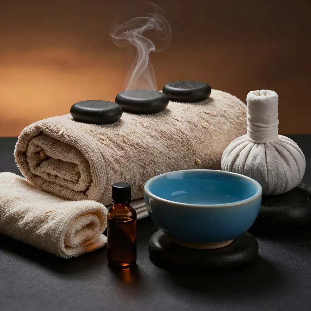Buharlı bazalt taşları, havlu katları ve lake blue spa kâsesiyle loş masaj düzeni.