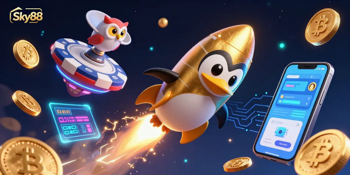 Experience the excitement at Sky88 Casino with a penguin soaring through a galaxy of golden coins and crypto elements.