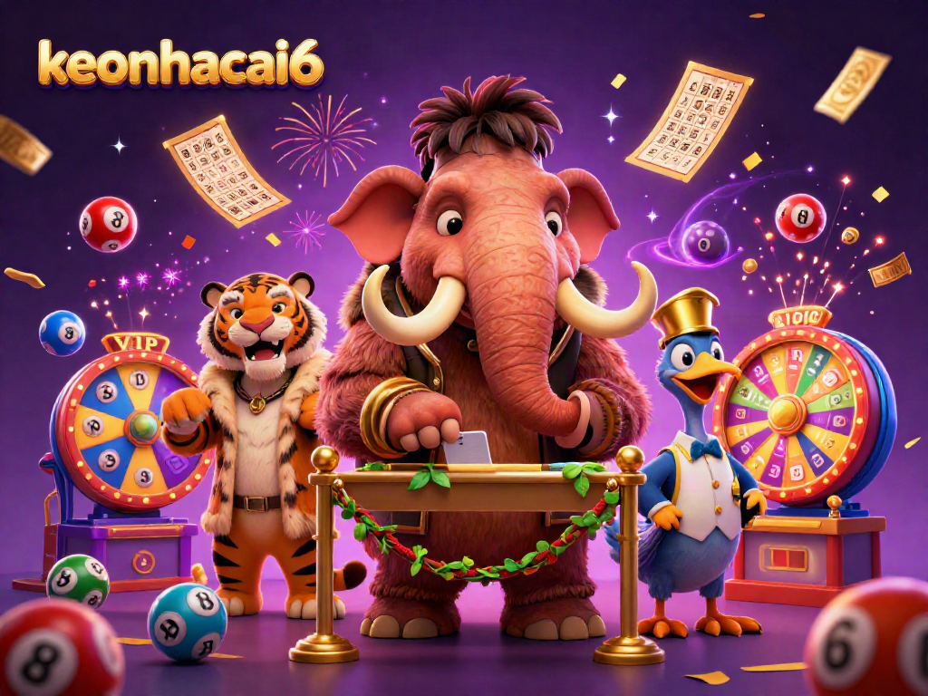 Experience excitement at keonhacai6 with cartoon characters welcoming players to a vibrant lottery scene.