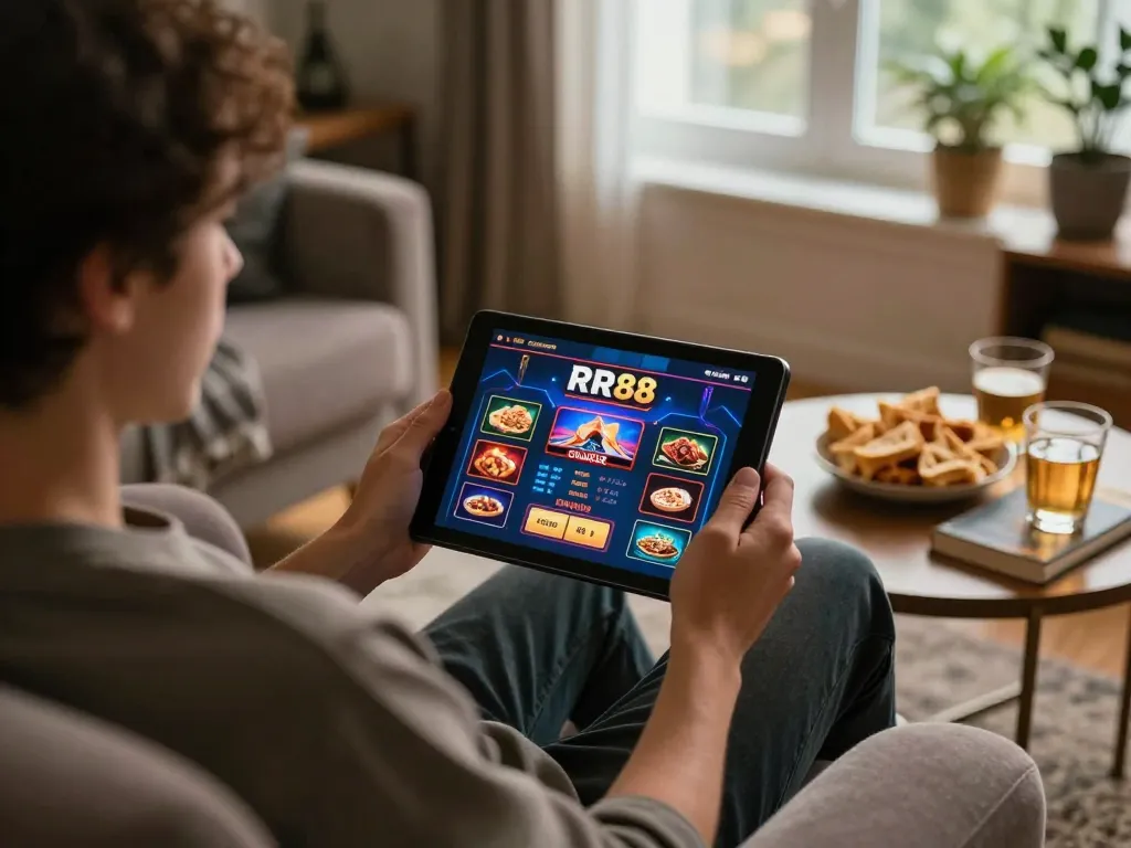 Person engaging with RR88 online casino on a tablet in a cozy home setting