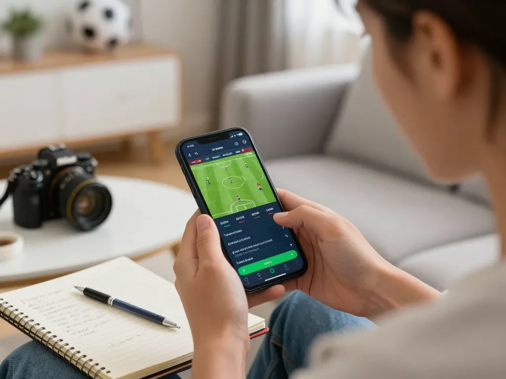 Engaging in tin soi kèo with a smartphone for sports betting in a cozy home environment