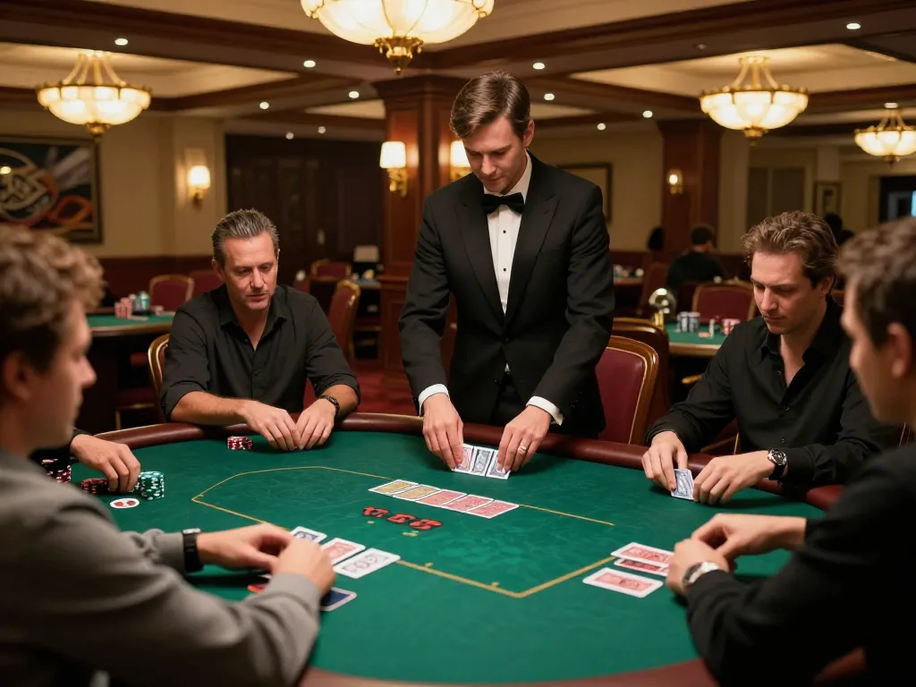Players engrossed in strategic gameplay at RR 88 poker table with professional dealer managing cards