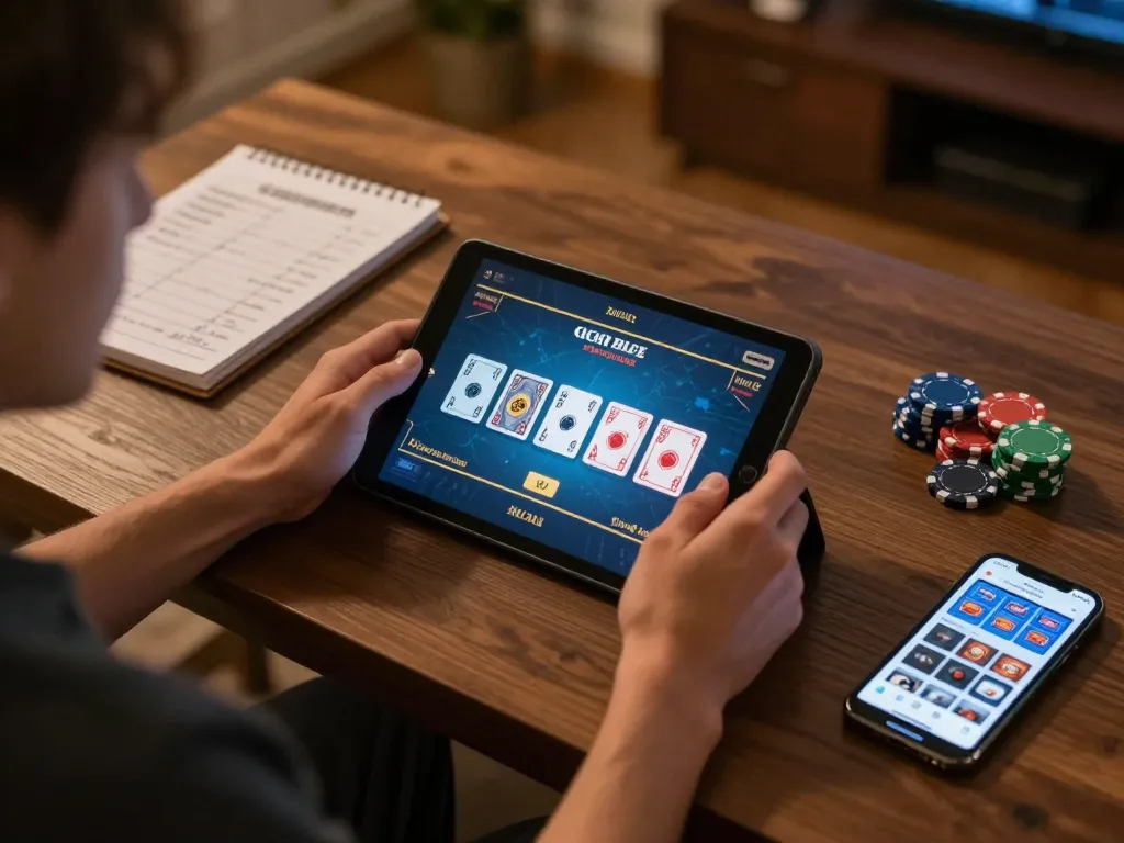 Player engaging in online gambling at home with 32win32, focusing on live dealer action and strategy.