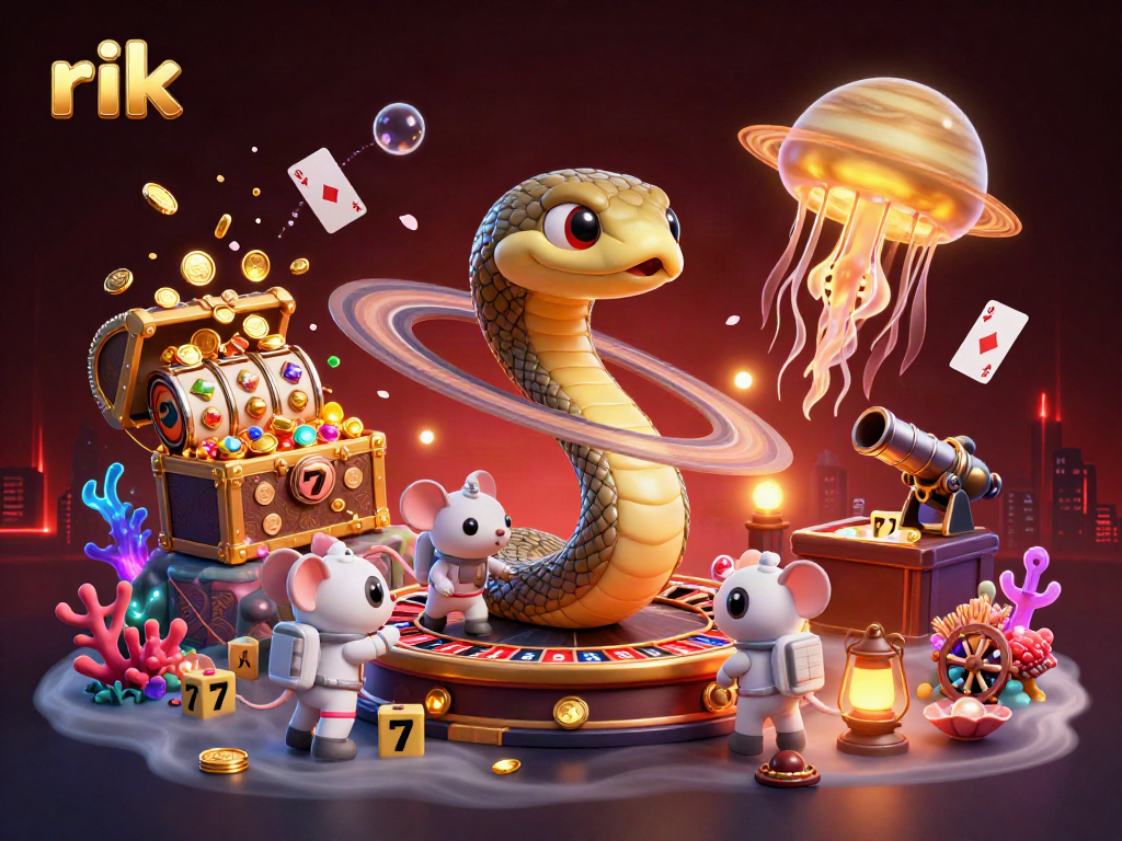 Experience thrilling bets in a cosmic casino scene featuring rik with a roulette wheel and vibrant game elements.