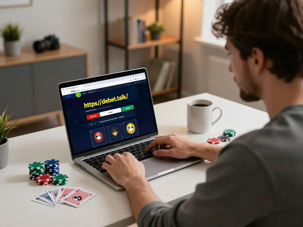 Person engaged in online gaming at https://debet.talk/ with poker chips and strategic notes
