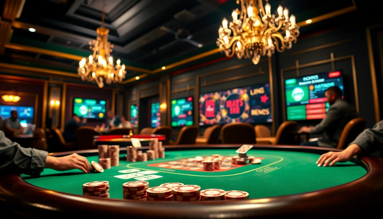 Exciting poker game at OK365 casino featuring vibrant chips and cards in action.