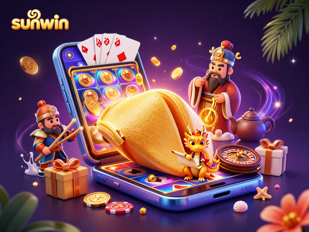 Experience sunwin's colorful slot game with magical details in this vibrant casino-themed illustration.