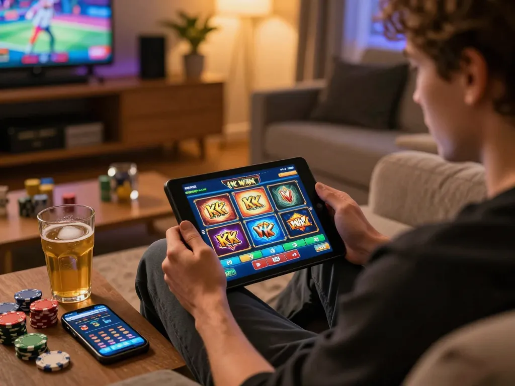 Engaging in KK WIN online slots game on a tablet with a cozy atmosphere