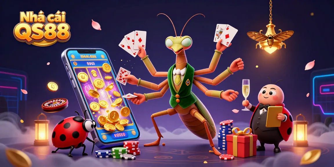 Engage with Nhà cái QS88's vibrant casino scene featuring colorful slot games, poker action, and dynamic characters.