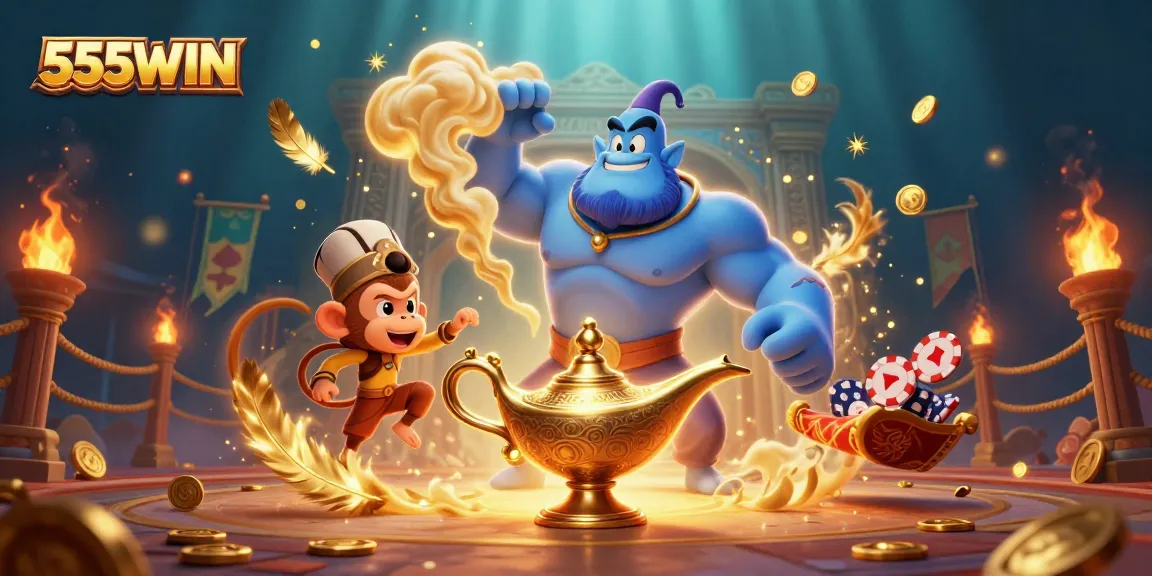 Engage with 555WIN in this vibrant 3D casino scene featuring a genie, poker chips, and magical elements.