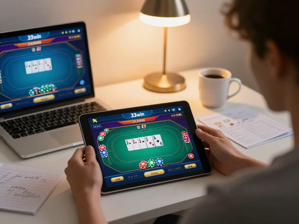 Engaging with the 33win casino app during a relaxing home gaming session.