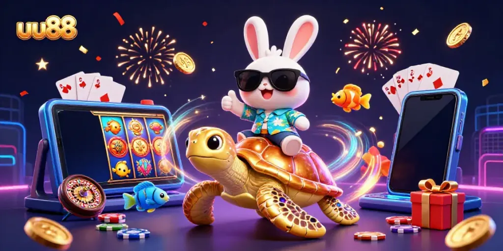 Experience the excitement of uu88 with a lucky rabbit and a golden turtle in a vibrant casino scene.