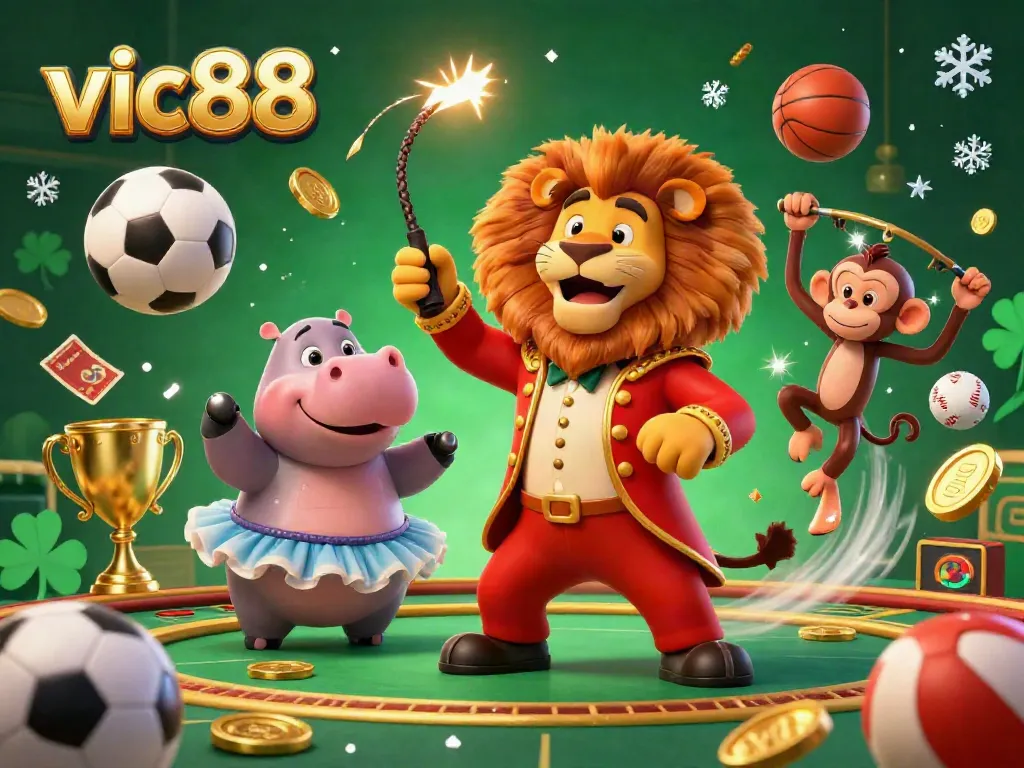 Experience the thrill of vic88 with dynamic circus characters amidst exciting gambling elements.