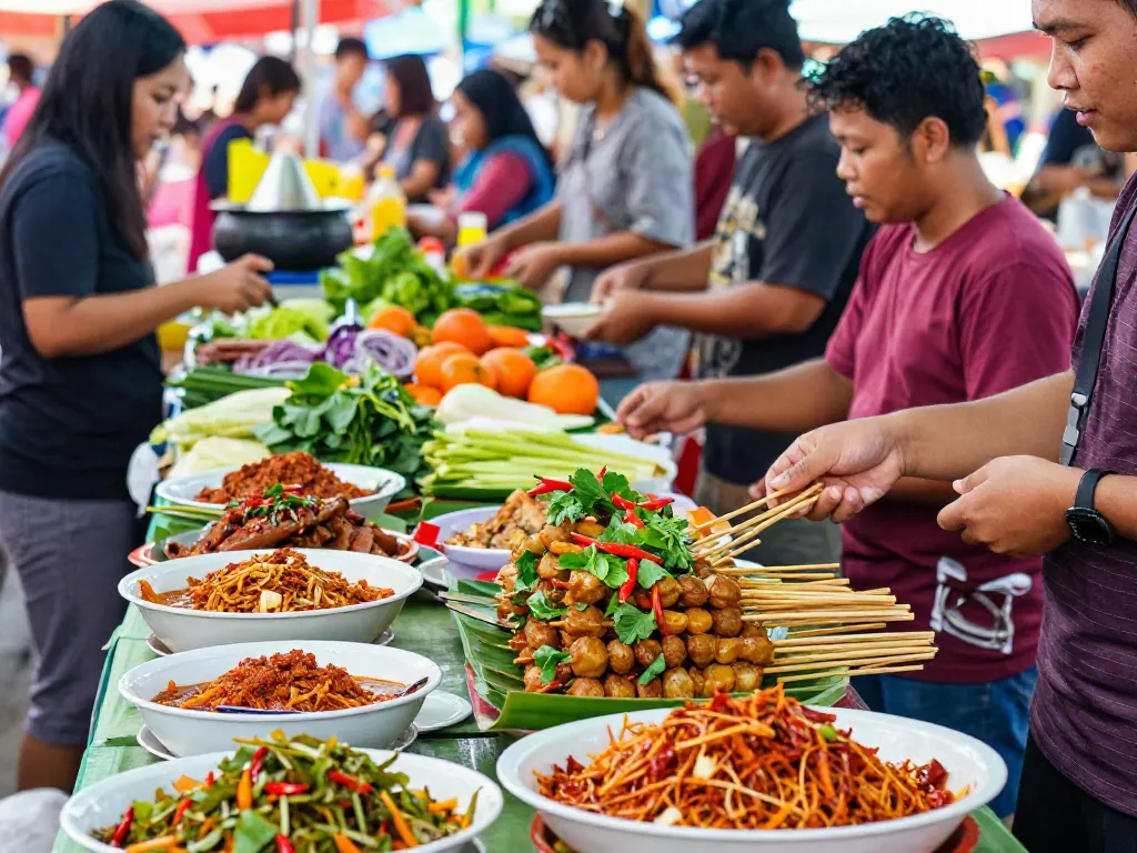rokok88 alternatif dishes showcased at a vibrant food market, highlighting Sate Taichan and Nasi Goreng.