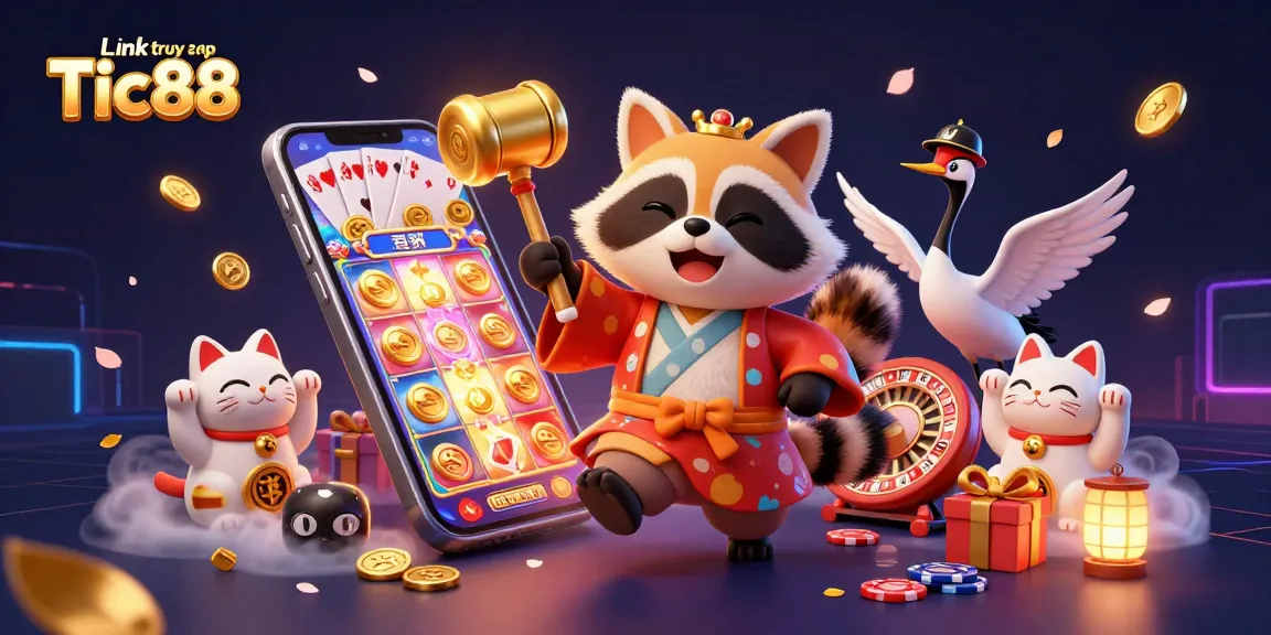 Engage with Link truy cập Tic88 in a vibrant casino scene featuring a cheerful tanuki and lucky cats.