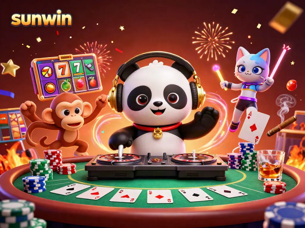 Experience the vibrant casino atmosphere of sunwin with a DJ panda, dancing monkey, and glow-stick kitten amid poker and slot games.