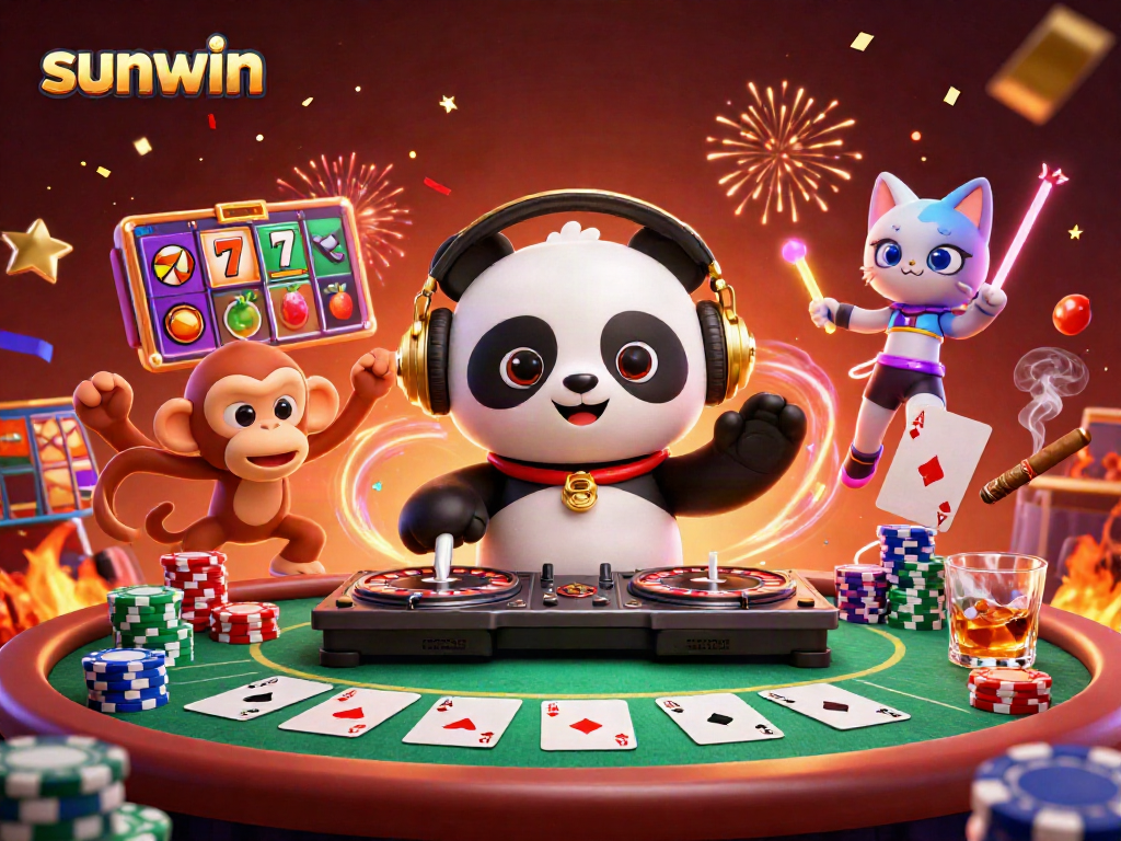 Experience the vibrant casino atmosphere of sunwin with a DJ panda, dancing monkey, and glow-stick kitten amid poker and slot games.