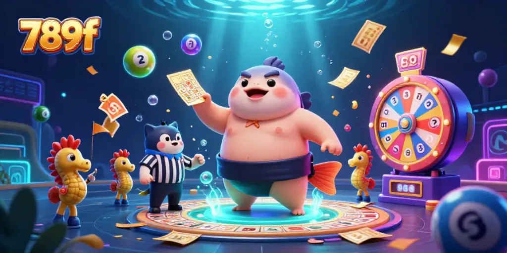 Engage with the 789f captivating underwater casino scene filled with dynamic lottery elements and vibrant characters.