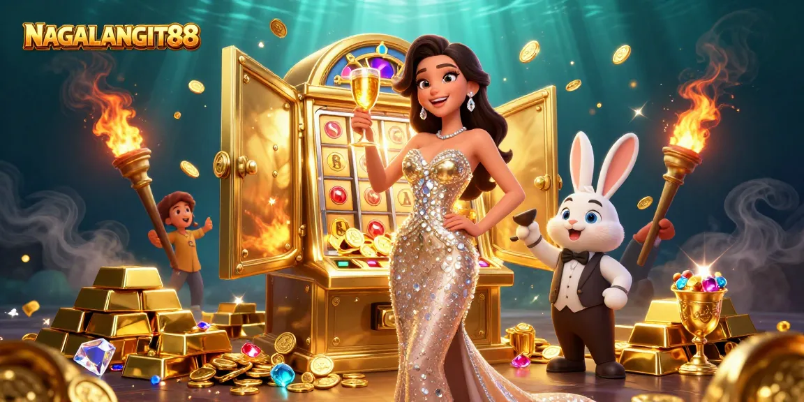 NAGALANGIT88 showcases a glamorous woman toasting beside a jackpot slot machine with myriad of glittering treasures.