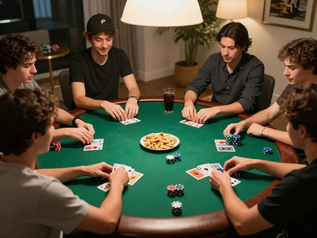 Friends engaged in an exciting home poker game with TR88 cards and chips visible
