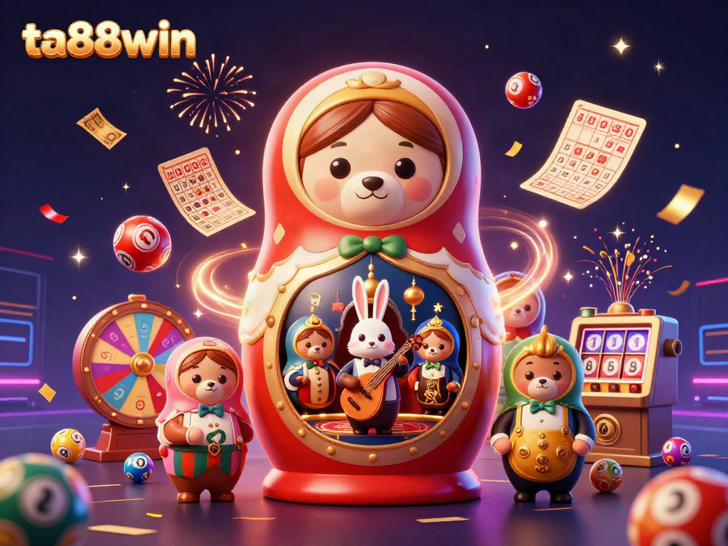 A playful scene showcasing ta88win with bears in dealer outfits and lottery elements, capturing the essence of gaming excitement.