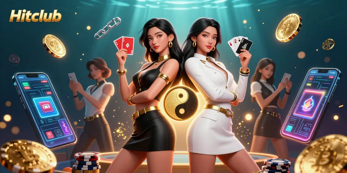 Hitclub's vibrant 3D scene showcases Asian women playing cards amidst glowing crypto elements.
