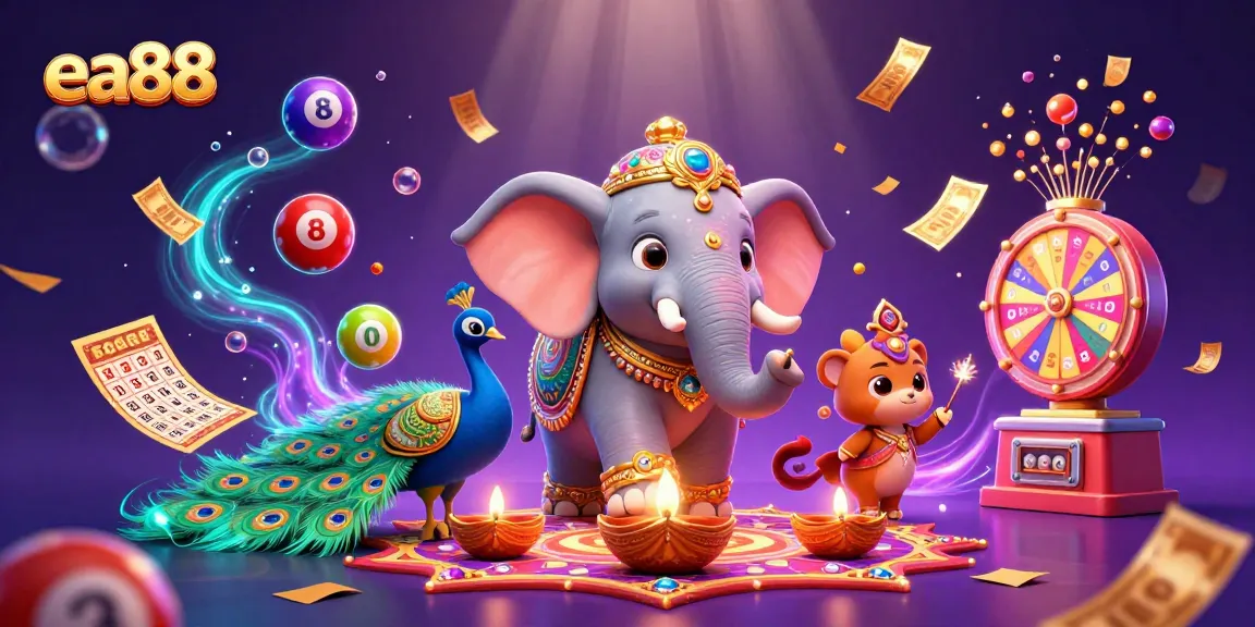Experience the thrilling world of ea88 with colorful lottery balls, sparkling golden tickets, and an enchanting scene.