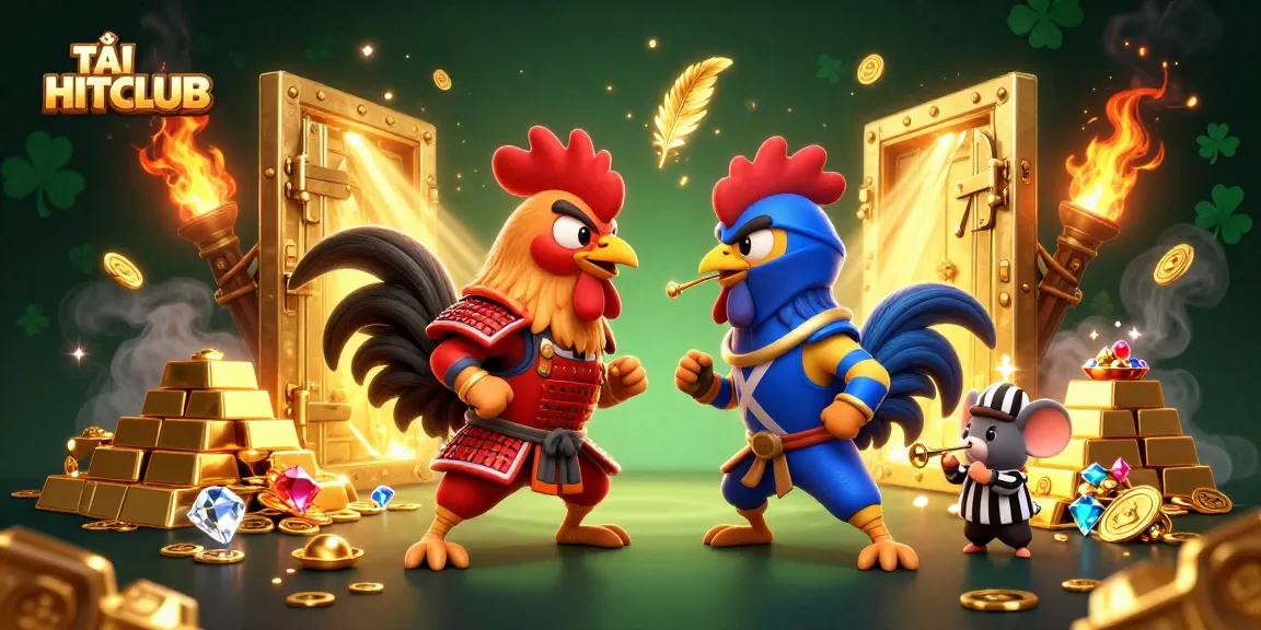 TẢI HITCLUB and join the thrilling battle with energetic fighting roosters amidst treasures in a dynamic scene.
