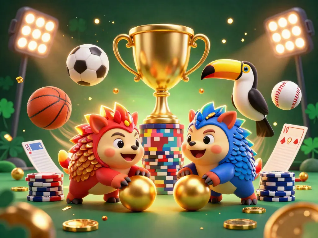 Engaging illustration of the red881 pangolin gaming experience with scattered poker chips, vibrant sports balls, and a dynamic toucan referee.