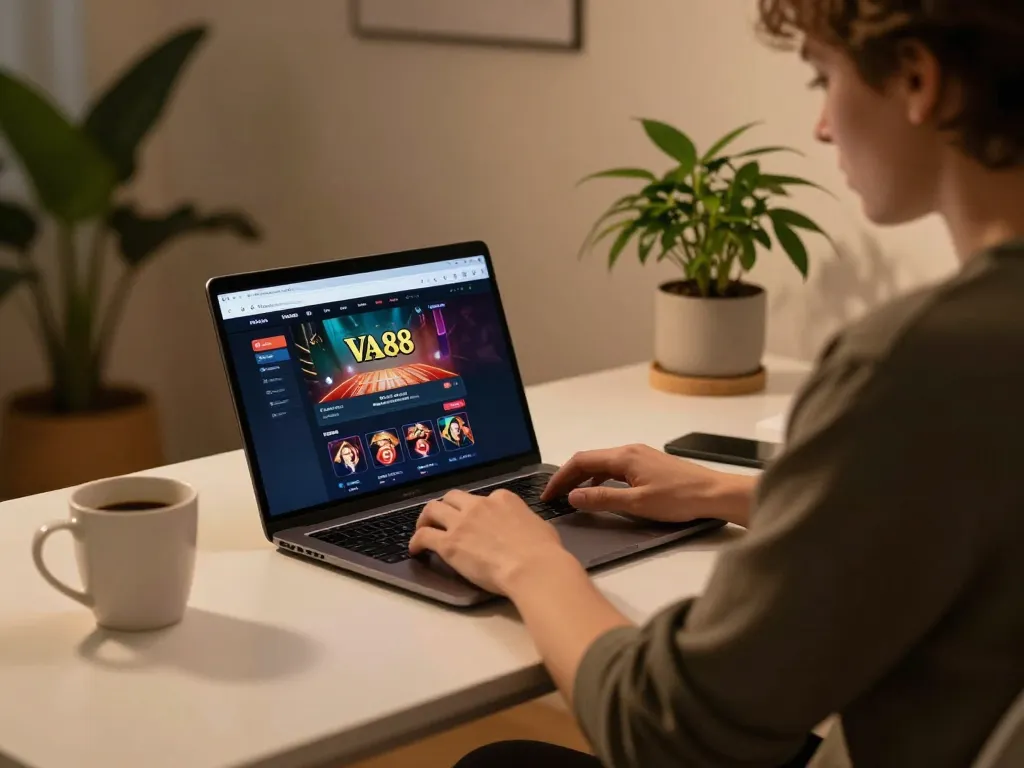 Engage with casino games at https://va88.ceo/ in a cozy home setup with a laptop and warm lighting.