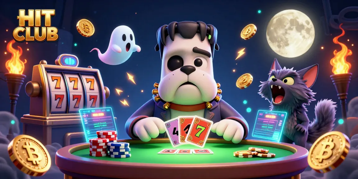 Play at HIT CLUB with a 3D cartoon Frankenstein bulldog dealing cards at a lively spooky casino table.
