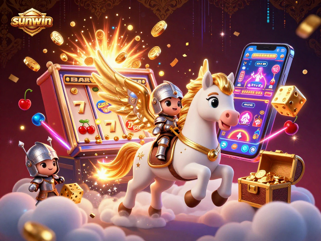 Experience sunwin's thrilling gameplay with a celestial knight and golden horse amidst rich casino elements.