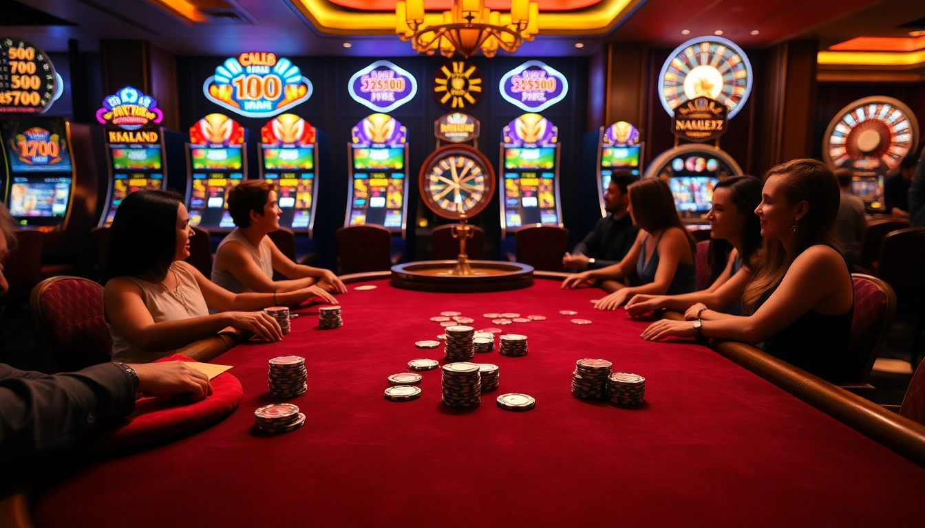Naga99 players celebrating victory at an upscale poker table in a vibrant casino.