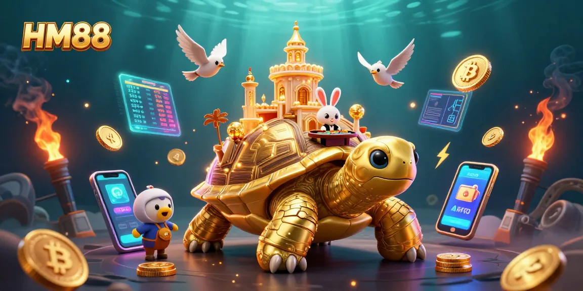 Engage with HM88's vibrant casino world featuring golden tortoise and rabbit dealer.