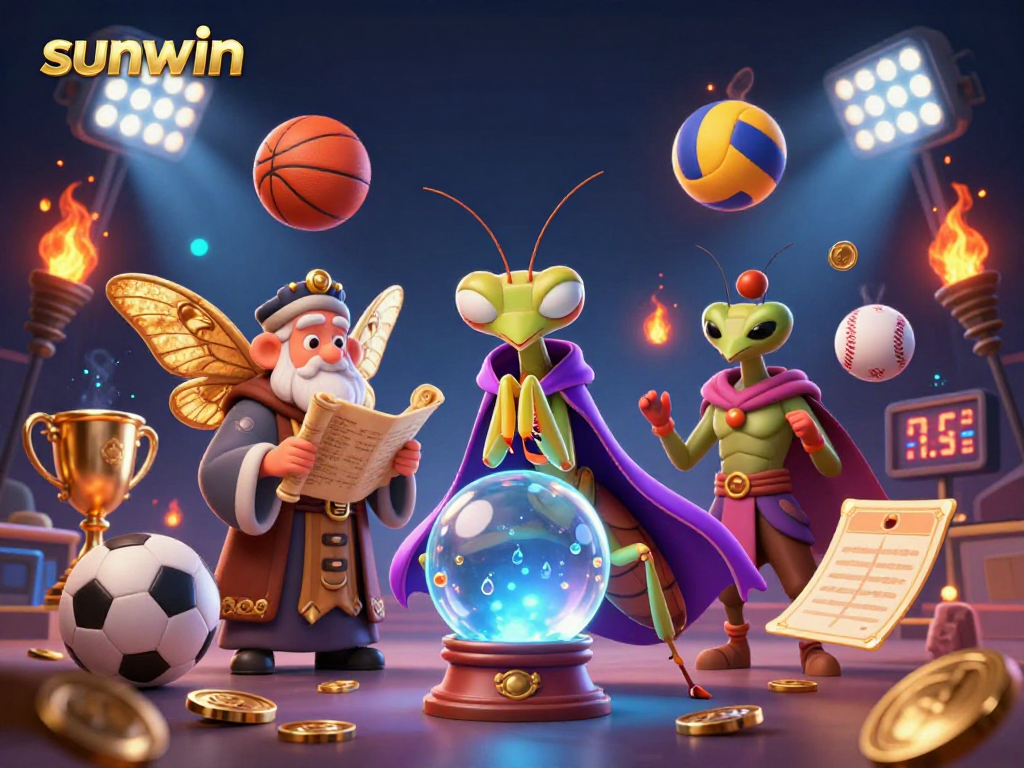 Win big with sunwin in this magical casino scene featuring fortune tellers and sports elements.