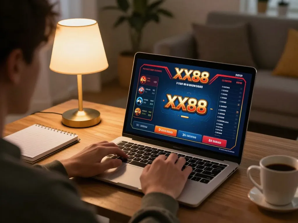 Engaging in online casino gaming at XX88 from a cozy home setup, showcasing strategic gameplay.