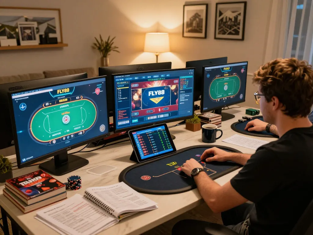 Engaged player using FLY88 online poker app for strategic gaming at home.