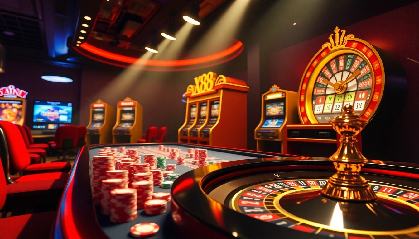 Experience thrilling gameplay at XX88's luxurious casino, featuring vibrant slot machines and poker tables.