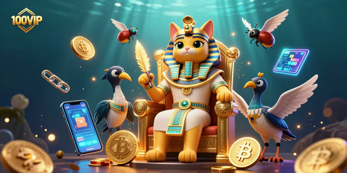Experience the vibrant world of 100VIP with illustrated characters and cryptocurrency elements.