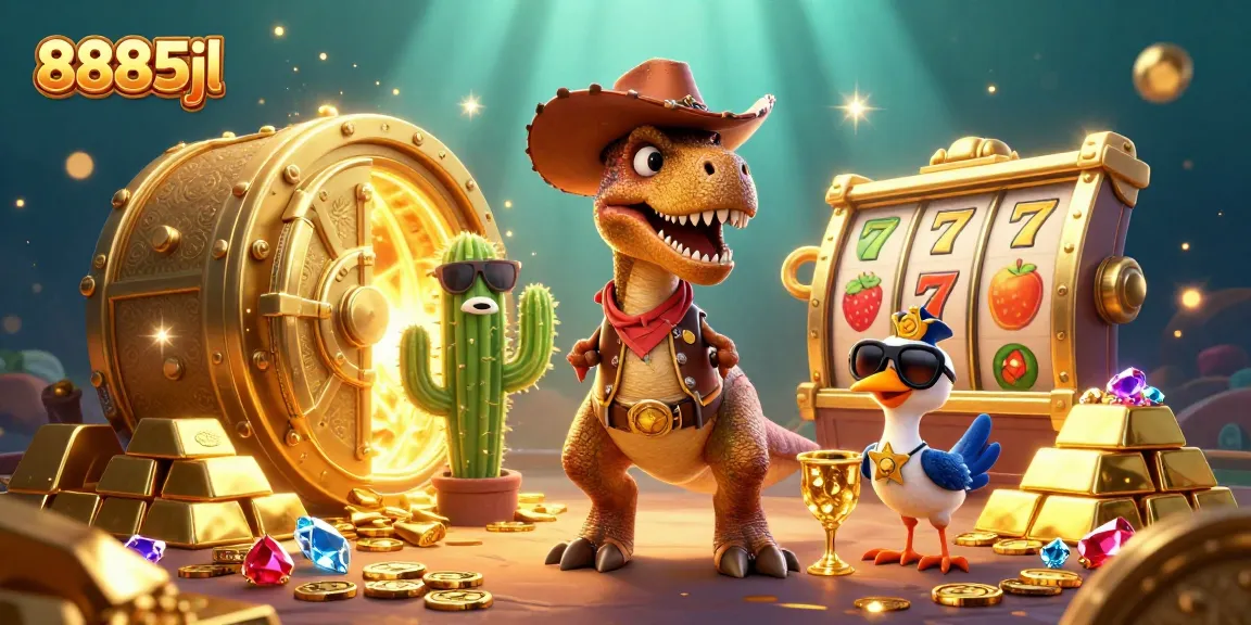 Engage with 8885jl’s vibrant casino adventure featuring T-Rex, cactus, and roadrunner, surrounded by slot reels.