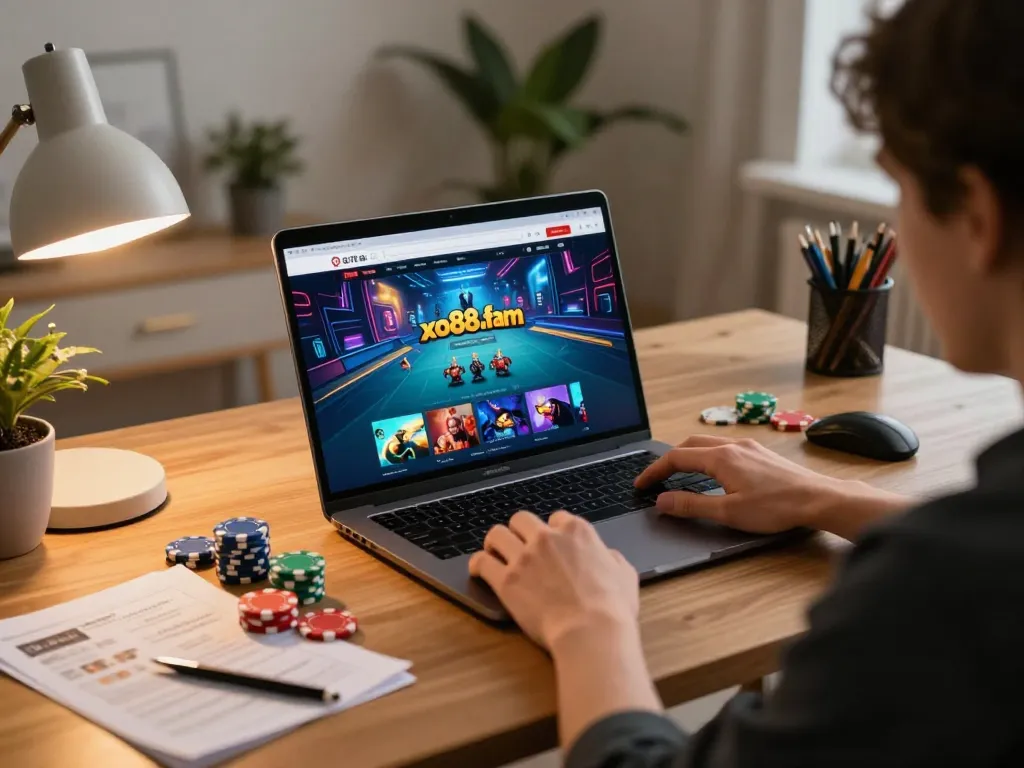 Engaging online gaming scene on xo88.fam with player focused on strategy and fun